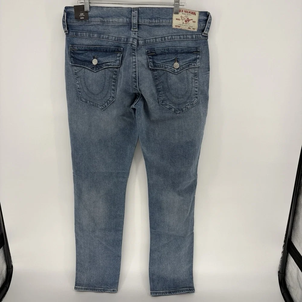 New True Religion Geno Relaxed Slim Jeans Men 36X34 Distressed Big T Flap Pocket